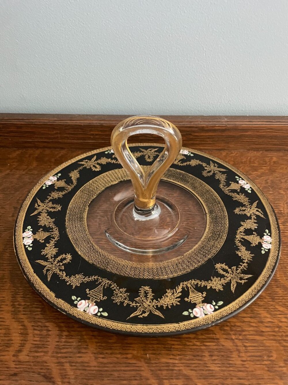 Vintage Glass Serving Tray Black Gold Gilt and Floral with Center Handle